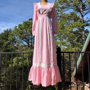 Vintage 70s Pink Ruffled Cottage Prairie Pinafore Maxi Dress Built-In Petticoat